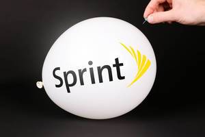 Hand uses a needle to burst a balloon with Sprint Corporation logo