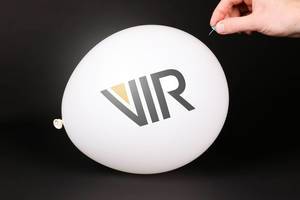 Hand uses a needle to burst a balloon with Vir Biotechnology logo
