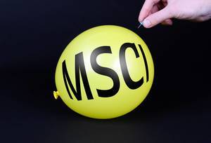 Hand uses a needle to burst a yellow balloon with MSCI text