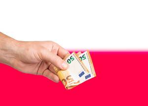 Hand with Euro banknotes over flag of Poland