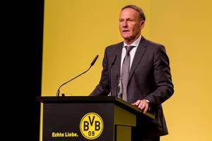 Hans-Joachim Watzke am Rednerpult vor den BVB-Vereinsfarben, während der Hauptversammlung in Dortmund