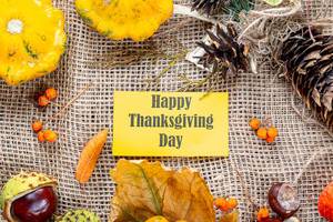 Happy Thanksgiving tag with cones, berries and dry leaves