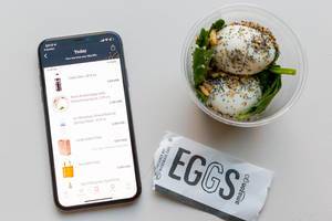 Hard-boiled eggs with salad and spices, bought through a smartphone app at the Amazon Go store