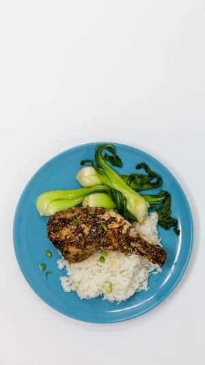 High Angle Shot - Healthy Food - Hello Fresh - Glazed Hoisin Chicken Thighs with Pak Choi and Ginger-Rice