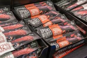 High protein sport sausage in different flavours offered at Fibo in Cologne