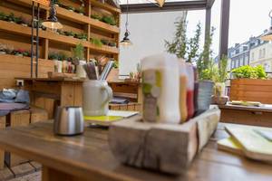 Holzinterior und rustikale Sitzgelegenheiten mit grünen Pflanzen im Hans im Glück Restaurant