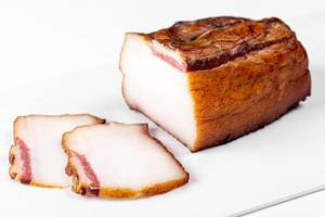 Homemade smoked pork lard on a white background (Flip 2020)
