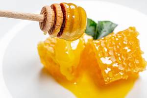 Honey dipper on the bee honeycomb background