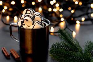 Hot chocolate with marshmallows on a Christmas background with bokeh and Christmas tree branches (Flip 2019)