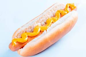 Hot dog with mustard on white  Flip 2019
