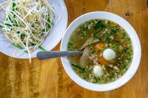 Hu Tieu Broth with Pork, Quail Egg and Beansprouts in Vietnam