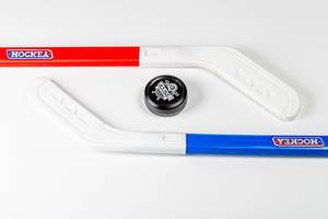 Ice hockey sticks and puck on white background (Flip 2020)