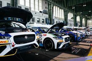 Jaguar i-Pace eTrophy electric cars being recharged after the race