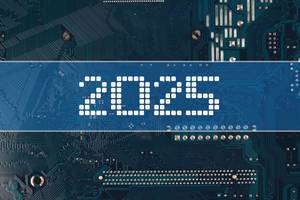 Jahreszahl 2025 vor einer elektronischen Leiterplatte als Hintergrund