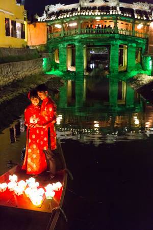 Japanese Bridge with Bridal Couple and Lights
