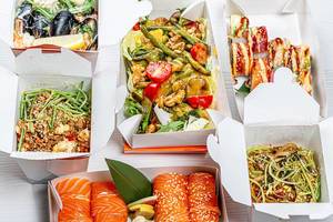 Japanese food set in cardboard boxes