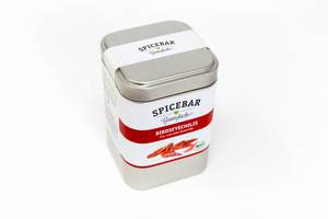 Kleine Metalldose von Spicebars - Gewürzküche, verschlossen, in roten und weißen Farben, beinhaltet BirdseyeChilis mit 140.000 Scoville