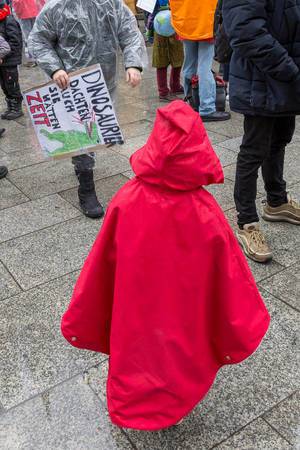 Kleines Kind in roter Regenjacke auf Umweltdemonstration