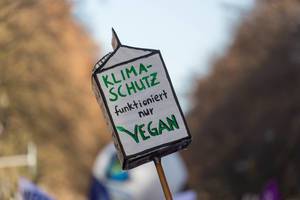 Klimaschutz funktioniert nur vegan auf der großen Milchtüte als Demonstrations Nachricht