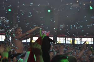 Konfetti über der tanzende Menschenmenge - Musikfestival Tomorrowland 2014