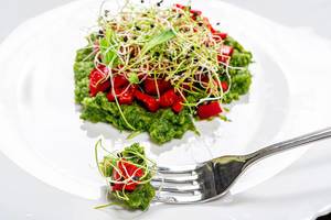 Konzeptbild "gesunder vegetarischer Lebensstil": Salatschichten mit frischem Gemüse und Sprossen, neben einer Gabel