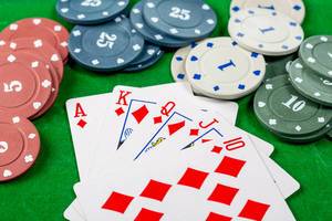 Konzeptbild zum Thema Glücksspiel mit Spielkarten, einem Royal Flush und Pokerchips auf einem grünen Spieltisch