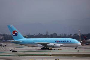 Korean Air Lines Airbus A380 taxiing in Los Angeles Airport LAX