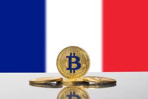 Kunstvoll gefertigte Bitcoins vor der Trikolore-Flagge des südeuropäischen Landes Frankreich