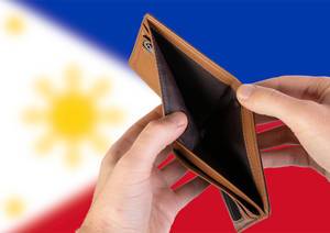 Leerer Geldbeutel aus Leder mit Flagge der Philippinen. Rezession und Finanzkrise werden mit mehr Schulden und Bundeshaushaltdefizit einhergehen