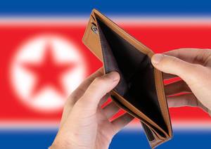 Leerer Geldbeutel aus Leder mit Flagge von Nordkorea. Rezession und Finanzkrise werden mit mehr Schulden und Bundeshaushaltdefizit einhergehen