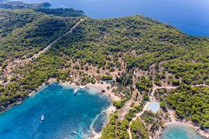 Luftbild der griechischen Insel Spetses mit seinem grünen Pinienwald und der Küste am Argolischen Golf