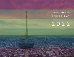 Luftbildaufnahme der Kölner Sehenswürdigkeit Colonius, neben dem Bildtitel Christopher Street Day 2022