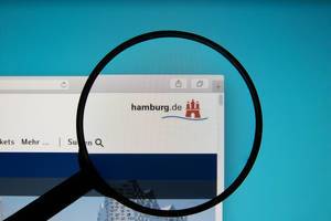 Lupe über dem Logo der Internetseite von Hamburg.de