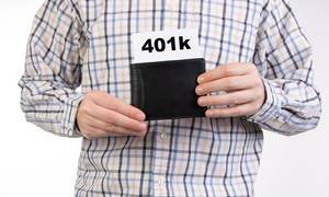 Man in shirt holding wallet with 401k text