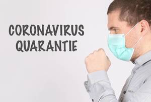 Man suffer from cough with face mask protection and Coronavirus Quarantie text