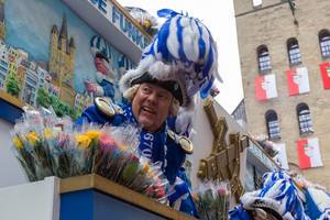 Mann in blau-weiß auf dem Wagen mit Rosen beim Rosenmontagsumzug: die Blauen Funken sind unter den ältesten Kölnern Karnevalsgesellschaften