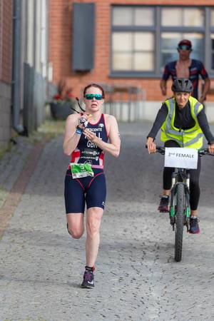 Marathon runner and female triathlete Lucy Hall from UK during the Ironman 70.3  triathlon in Lahti, Finland