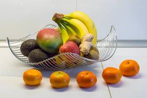 Metallic Basket with Bananas, Tangerines, Apples, Kiwis, Ginger, Mango and Avocados