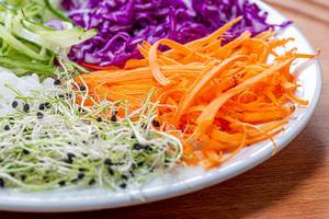 Micro-greens onions, carrots, cucumber, purple cabbage and rice on a white plate (Flip 2019)