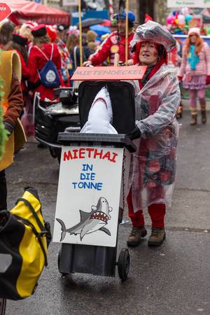 Mietendeckel-Kostüm und ein Miethai in der Tonne, beim Karnevalszug in Köln