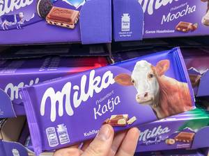 Milka chocolate bar with the image of cow Katja, one of the "real cows" whose milk is used for the Milka products