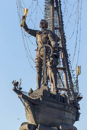 Monument showing Peter the Great on a ship holding a map