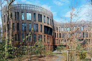 Moodernes Holzgebäude, in geschwungener Form, des Potsdam-Instituts für Klimafolgenforschung