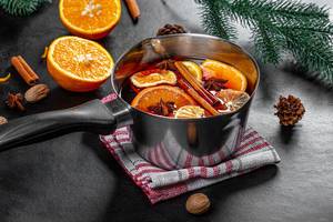 Mulled wine with spices and slices of citrus fruits in a pan (Flip 2019)