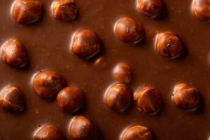 Nahaufnahme von zarter Milchschokolade mit ganzen Haselnüssen