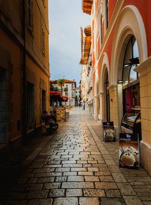 Narrow street in the historic centre, Porec, Istria, Croatia