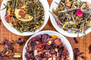 Natural teas-with rose petals, strawberries and banana, green with flowers