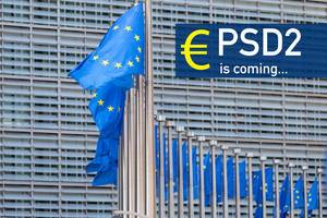Neue Richtlinie über Zahlungsdienste Payment Services Directive PSD 2 kommt, mit Europaflaggen