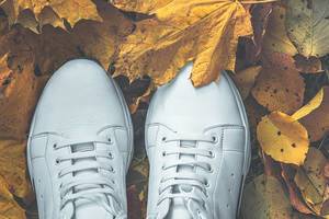 New white sneakers on autumn yellow leaves