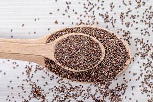 Nutritious chia seeds on a wooden spoons. Top view (Flip 2019)